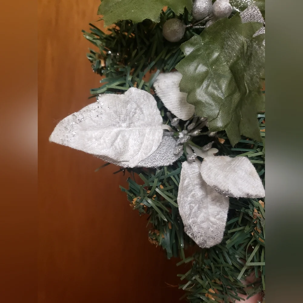 Festive Green White and Silver Holiday Pine Wreath Or Centerpiece 12